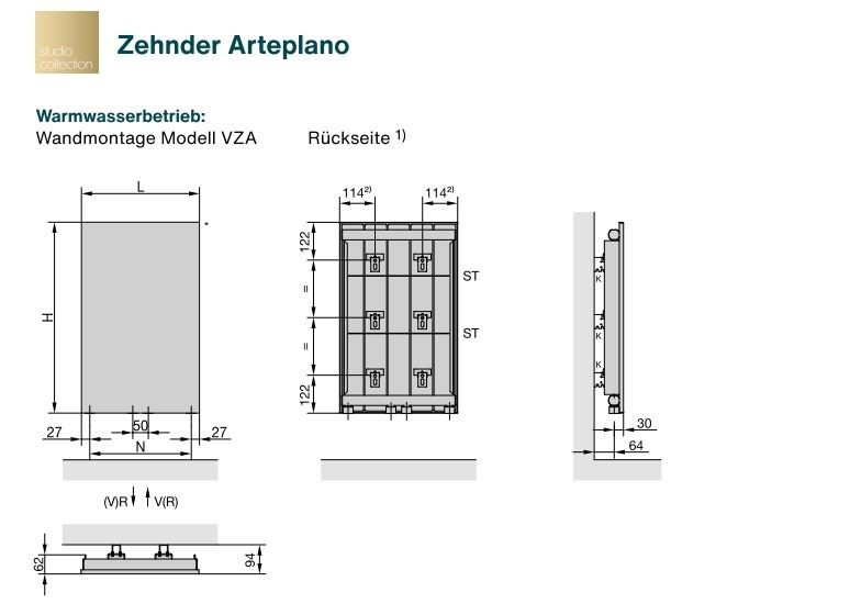 Zehnder Design-Heizkörper Warmwasserbetrieb Ausführung doppellagig „Arteplano“ 45,3 × 201,3 cm, zweilagig in Light Beige