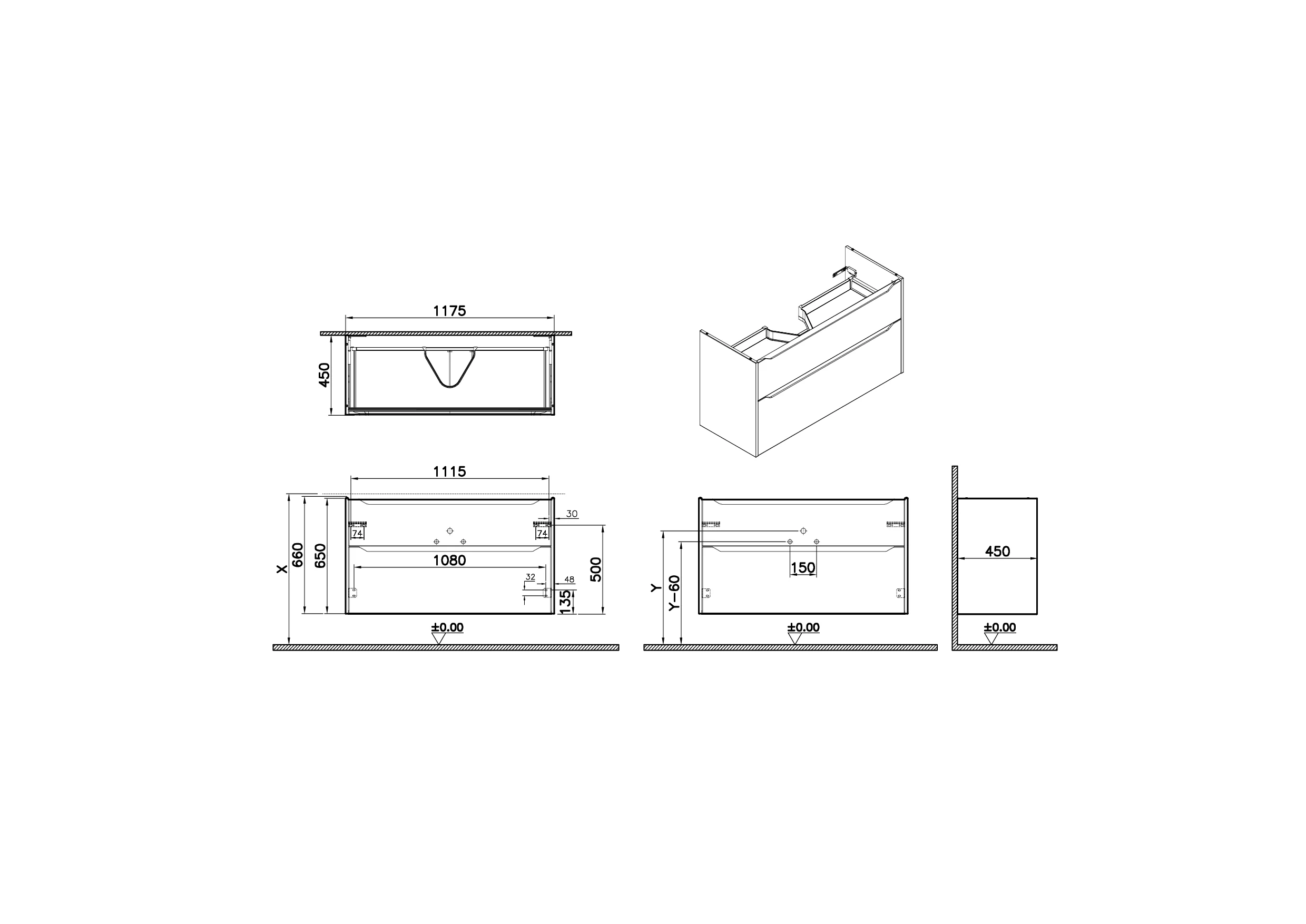New Integra Square Waschtischunterschrank mit 2 Vollauszügen 117 x 45 x 65 cm (BxTxH) Hellgrau Matt