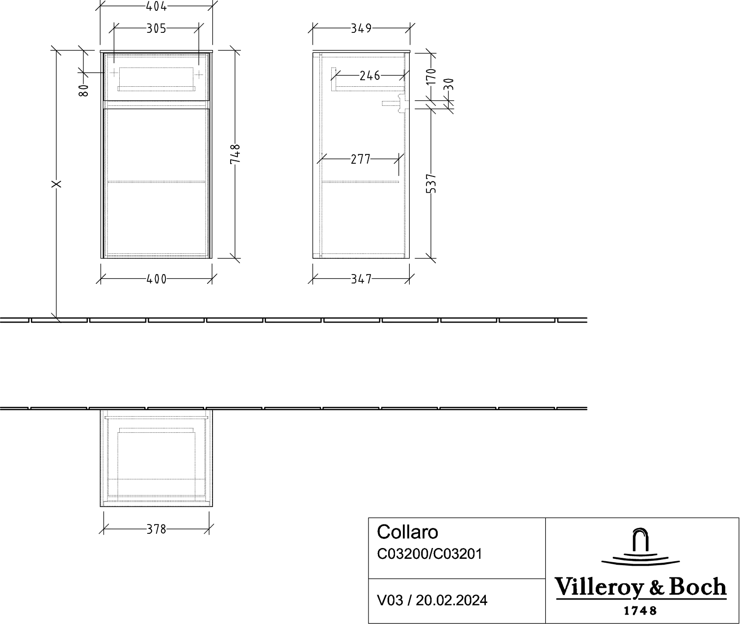 Villeroy & Boch Collaro Seitenschrank C03200, 404x748x349 mm, 1 Tür, 1 Schublade, Anschlag links, White Oak