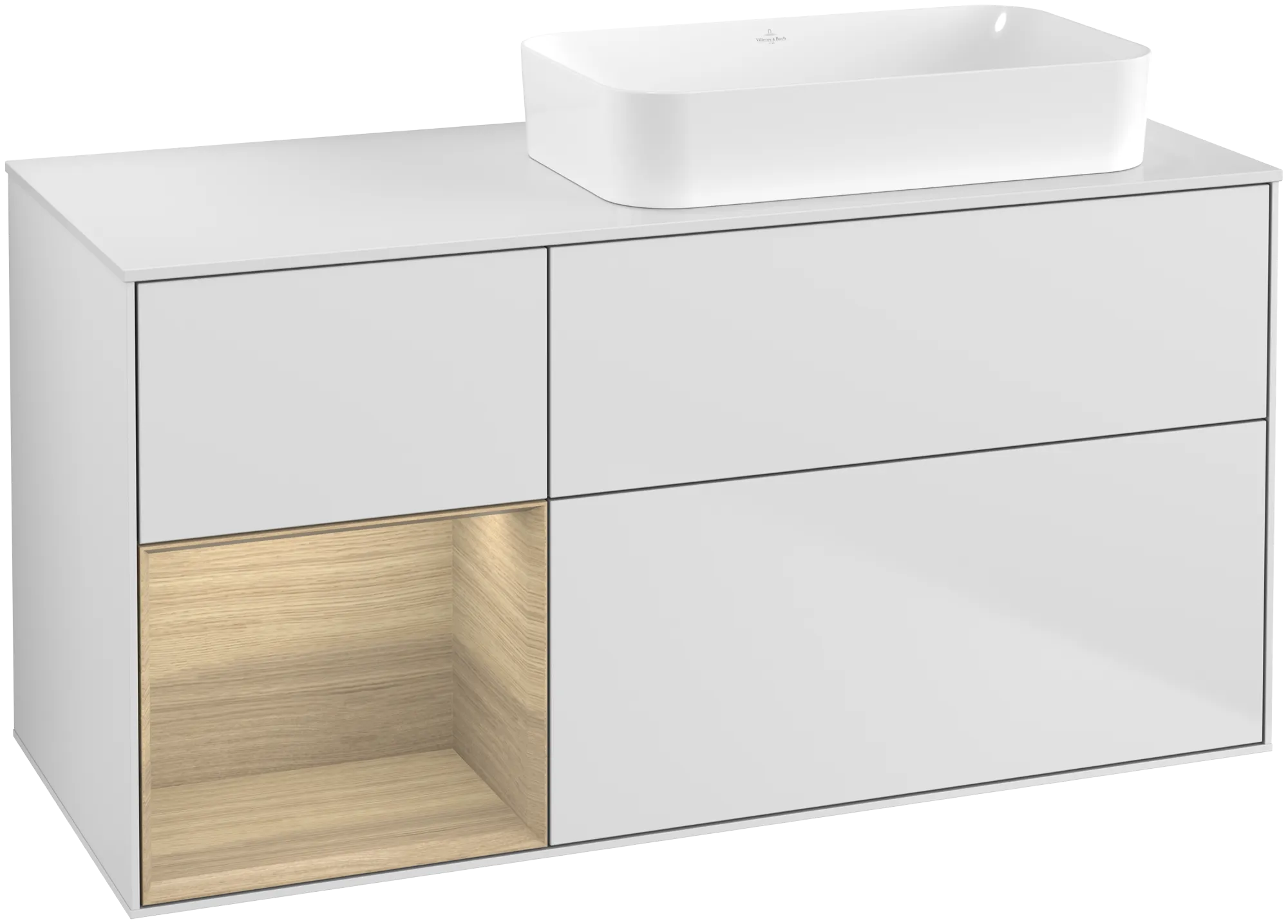 Villeroy & Boch Finion Waschbeckenunterschrank F68, 1200x603x501mm, White Matt Lacquer / Oak Veneer / Glass White Matt