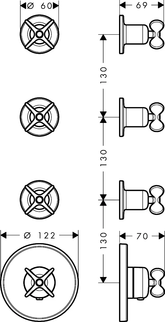 AXOR Archivio Thermostatmodul Unterputz für 3 Verbraucher mit Kreuzgriffen, Oberfläche: Chrom AXOR Archivio Thermostatmodul Unterputz für 3 Verbraucher mit Kreuzgriffen, Oberfläche: Chrom