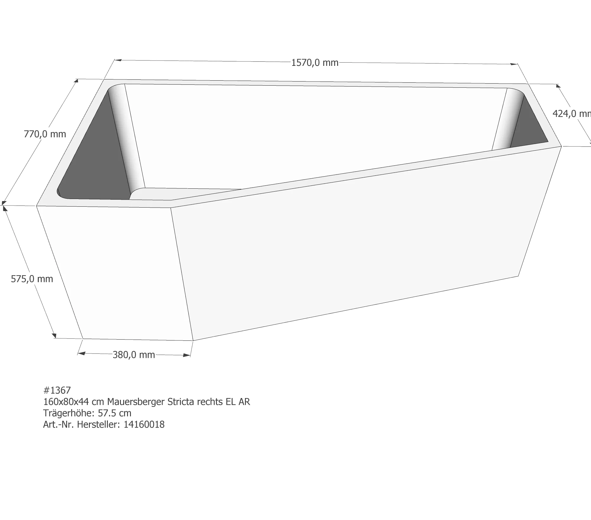 Badewannenträger für Mauersberger Stricta 160/80 rechts rechts 160 × 80 × 44 cm