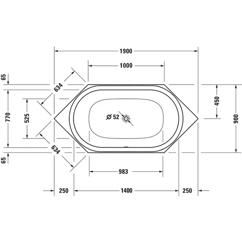 Badundu Badewanne sechseck 1900 × 900 mm, Mittelablauf Badundu Badewanne sechseck 1900 × 900 mm, Mittelablauf