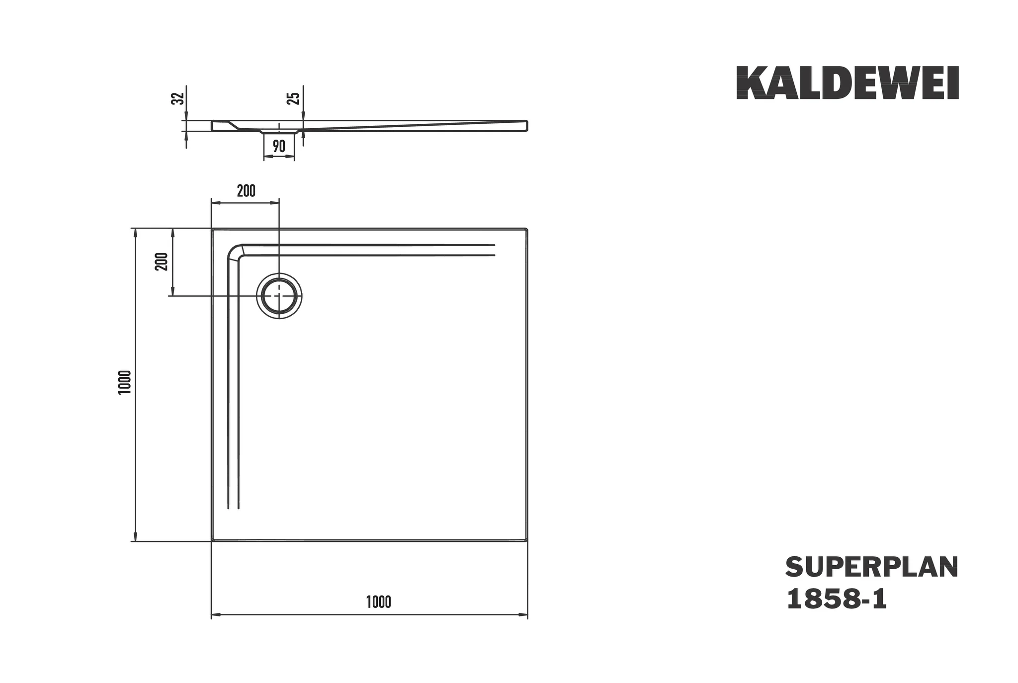 Kaldewei SUPERPLAN Duschfläche 1000x1000 mm, alpinweiß matt, Secure Plus Antislip, bodengleich, Eckablauf