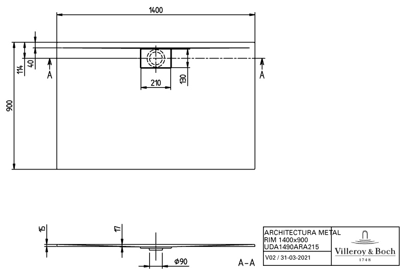 Villeroy & Boch rechteck Duschwanne „Architectura MetalRim“ 140 × 90 cm mit Antirutsch (VILBOgrip), in Weiß Alpin