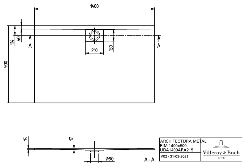 Villeroy & Boch rechteck Duschwanne „Architectura MetalRim“ 140 × 90 cm ohne Oberflächenbeschichtung, in Almond