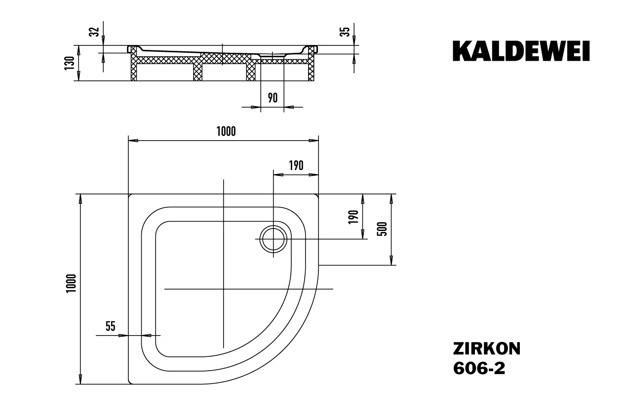 Kaldewei ZIRKON MIT WANNENTRÄGER Duschfläche, 1000x1000x35 mm, warm grey 10, Invisible Grip, Eckablauf