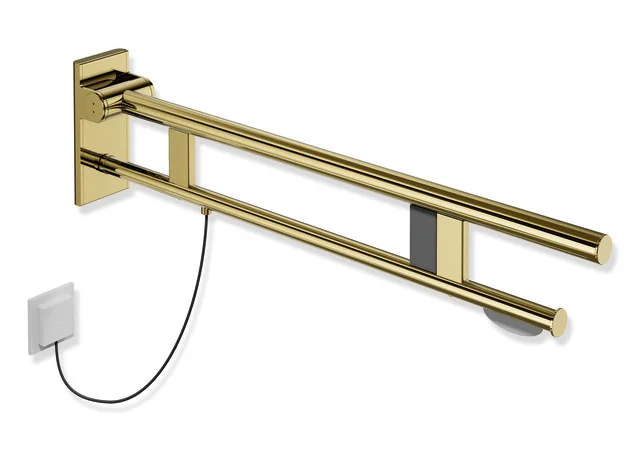 HEWI Stützklappgriff Duo System 900, Design A, Edelstahl PVD gold glänzend, Ausladung 850 mm, mit WC-Papierhalter und Spül-/Funktionstasten (E-Ausführung), rechts