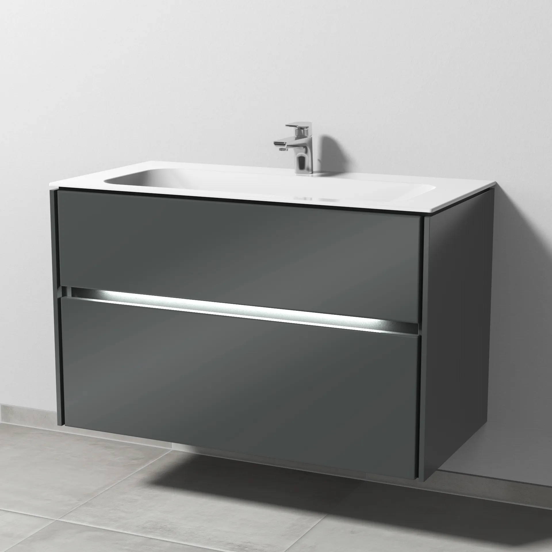 Keramik-Waschtisch-Set mit Waschtischunterschrank „Twiga“ 99 × 50 × 61 cm in Anthrazit (glanz), mit Beleuchtung, mit Hahnlochbohrung Keramik-Waschtisch-Set mit Waschtischunterschrank „Twiga“ 99 × 50 × 61 cm in Anthrazit (glanz), mit Beleuchtung, mit Hahnlochbohrung
