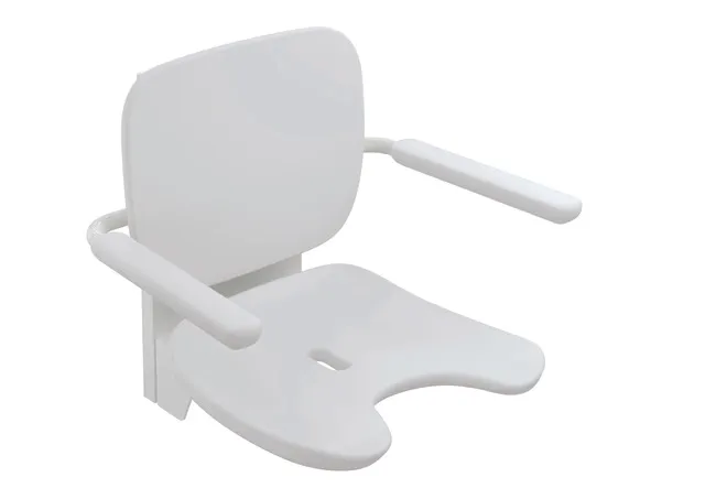 HEWI Klappsitz Premium m. Schamausschnitt, Konsole Edst., plvb, Sitz-/Rückenfläche PUR/Integral-Hartschaum, Kst.-Oberfläche u. kratzfeste Pulverbesch., Sitzf. B: 452, T: 450, m. Wasserabl., Sitzh. verstellbar, in HEWI Farbe SD (Weiß hochglanz - Weiß matt