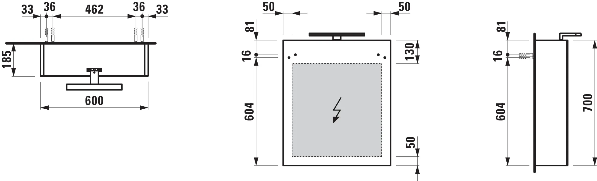 Spiegelschrank BASE mit LED-Licht Element horizonal mit Schalter mit Steckdose 185x600x700 1 Tür Scharnier links weiß matt