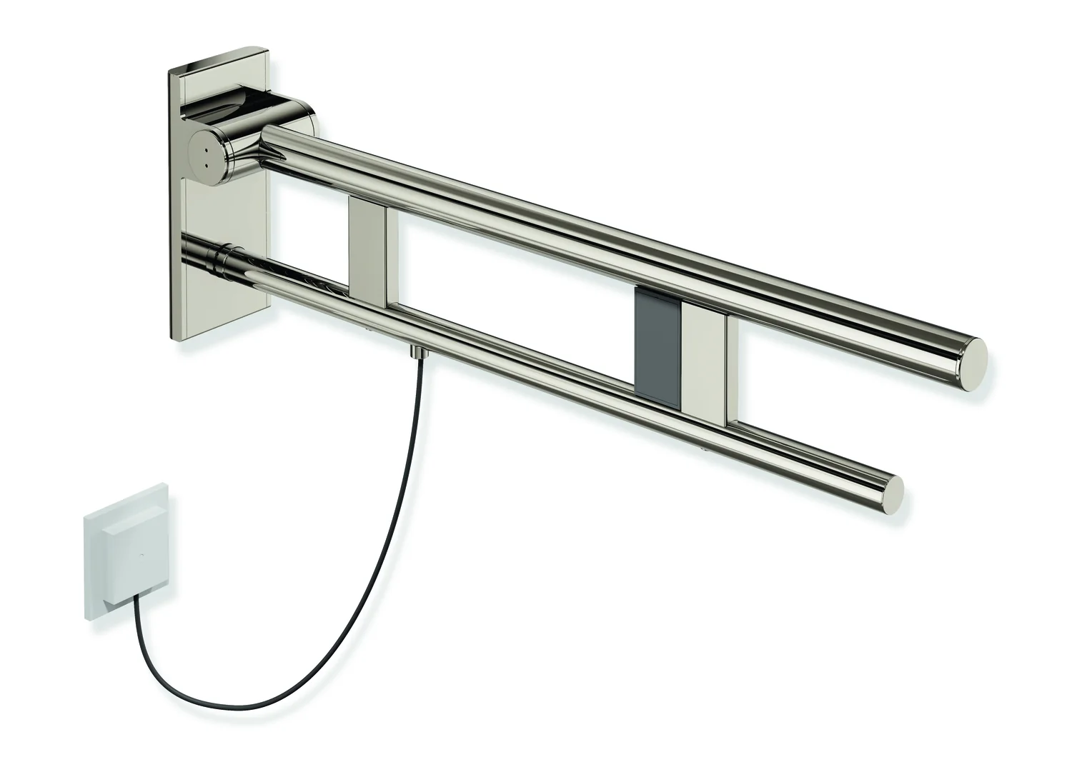 HEWI Stützklappgriff Duo System 900, Design A, Edelstahl PVD nickelglänzend, Ausladung 700 mm, rechts, mit Spülauslösung HEWI Stützklappgriff Duo System 900, Design A, Edelstahl PVD nickelglänzend, Ausladung 700 mm, rechts, mit Spülauslösung
