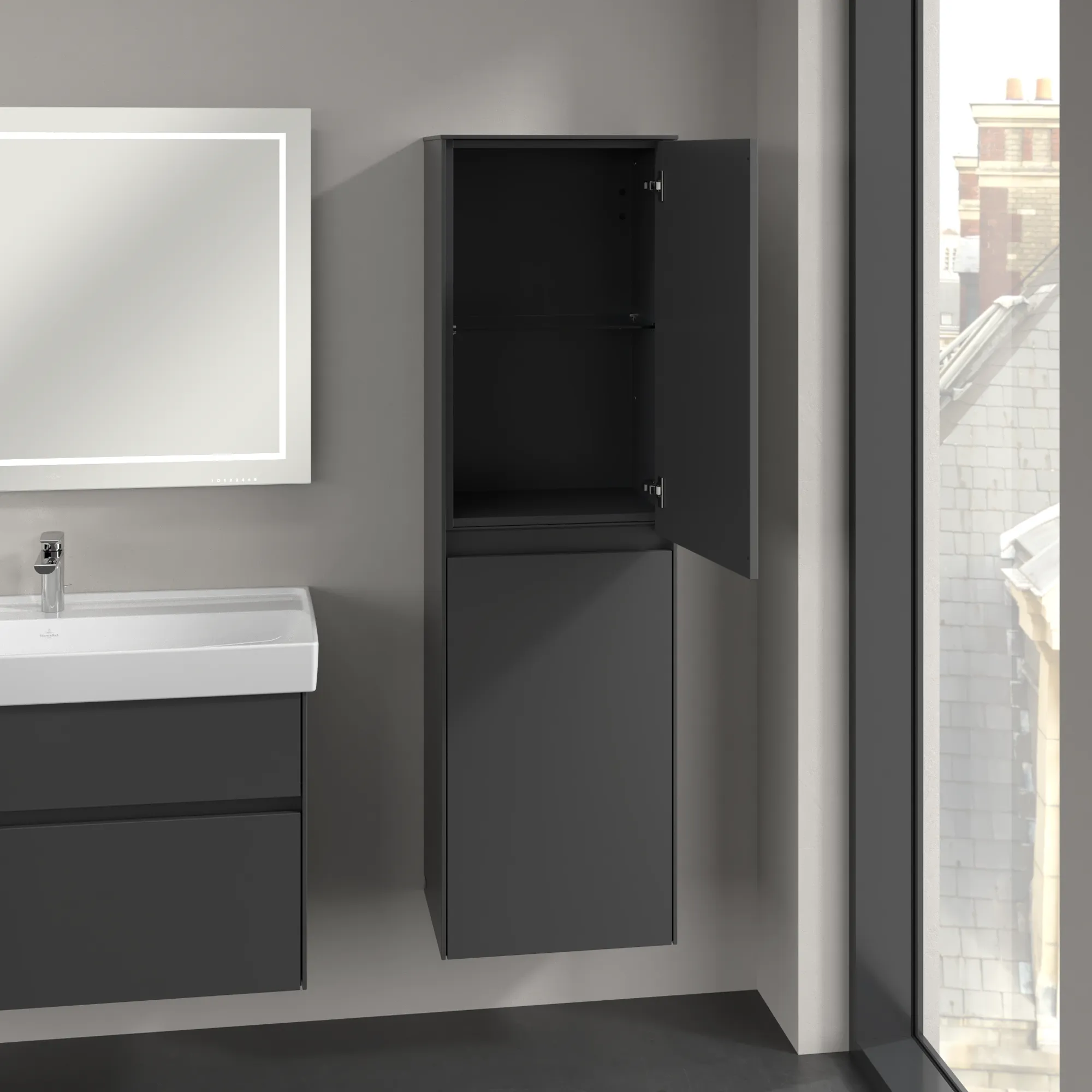 Villeroy & Boch Hochschrank mit Wäschekorb „Collaro“ 45,4 × 153,8 × 34,9 cm ohne Beleuchtung, Anschlag rechts, 1 Tür