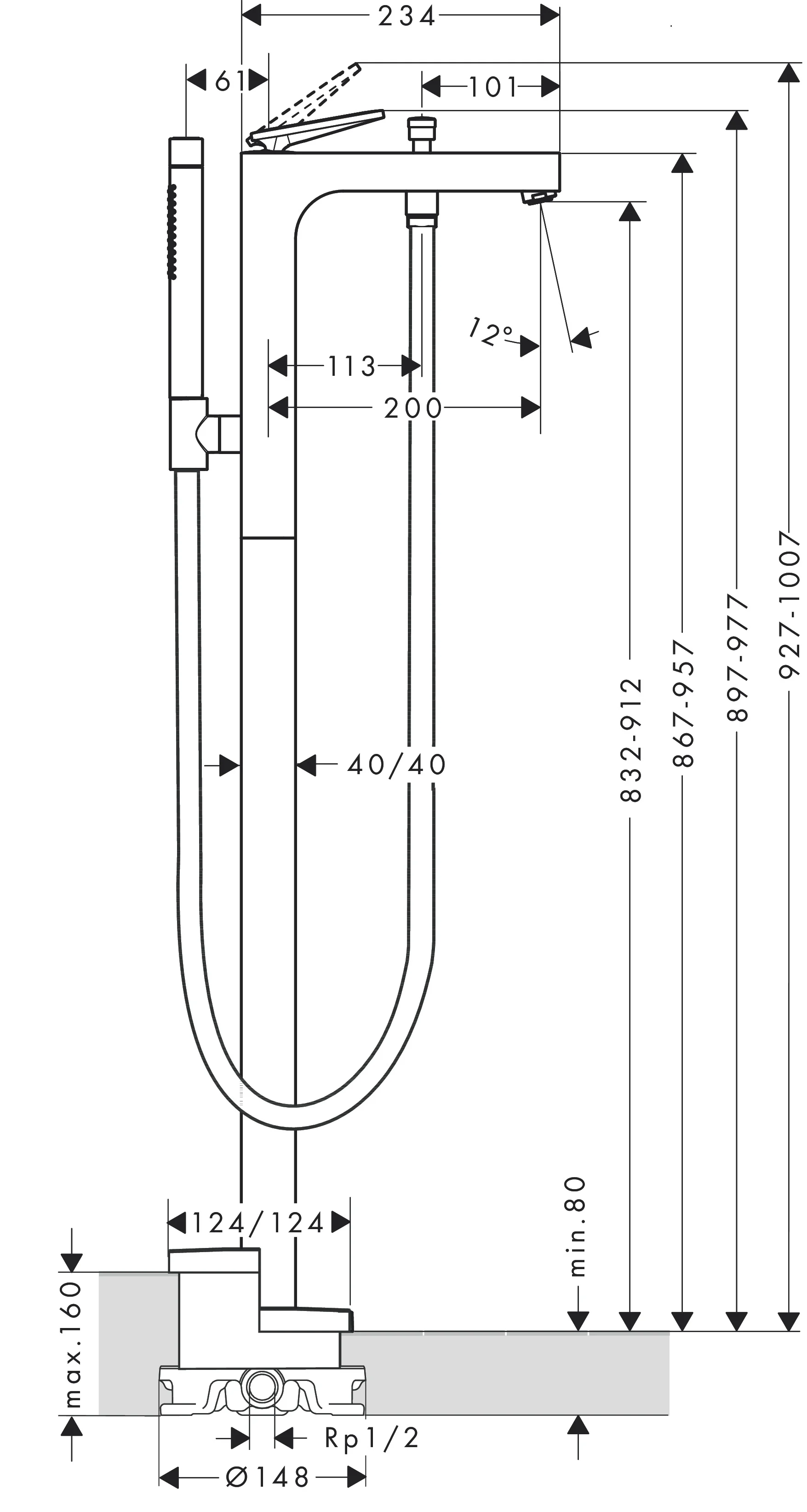 Hansgrohe AXOR Citterio Einhebel-Wannenmischer bodenstehend, Rautenschliff Chrom, Ausladung 200 mm