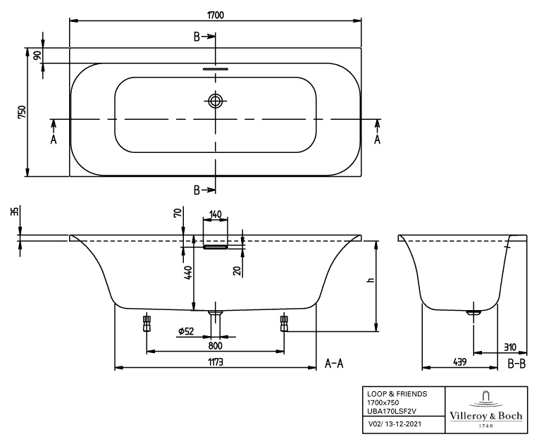 Villeroy & Boch Whirlsystem mit eckiger Innenform „Loop & Friends“ mit Whirlsystem „Airpool Entry“ rechteck 170 × 75 cm, rechteckig in Weiß Alpin