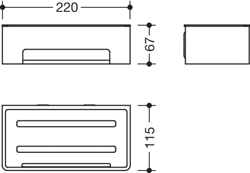 Duschkorb des Systems 900, Halter aus Edelstahl, PVD, Einsatz aus Kunststoff, schwarz, B: 220 mm, H: 67 mm, T: 115 mm, in Farbe CK (messing glänzend)