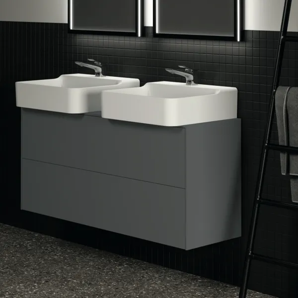 Ideal Standard Conca Waschtischunterschrank, Anthrazit matt, 1.202 x 373 x 550 mm, 2 Auszüge mit Push-Open und Softclose-Einzug, wahlweise links oder rechts