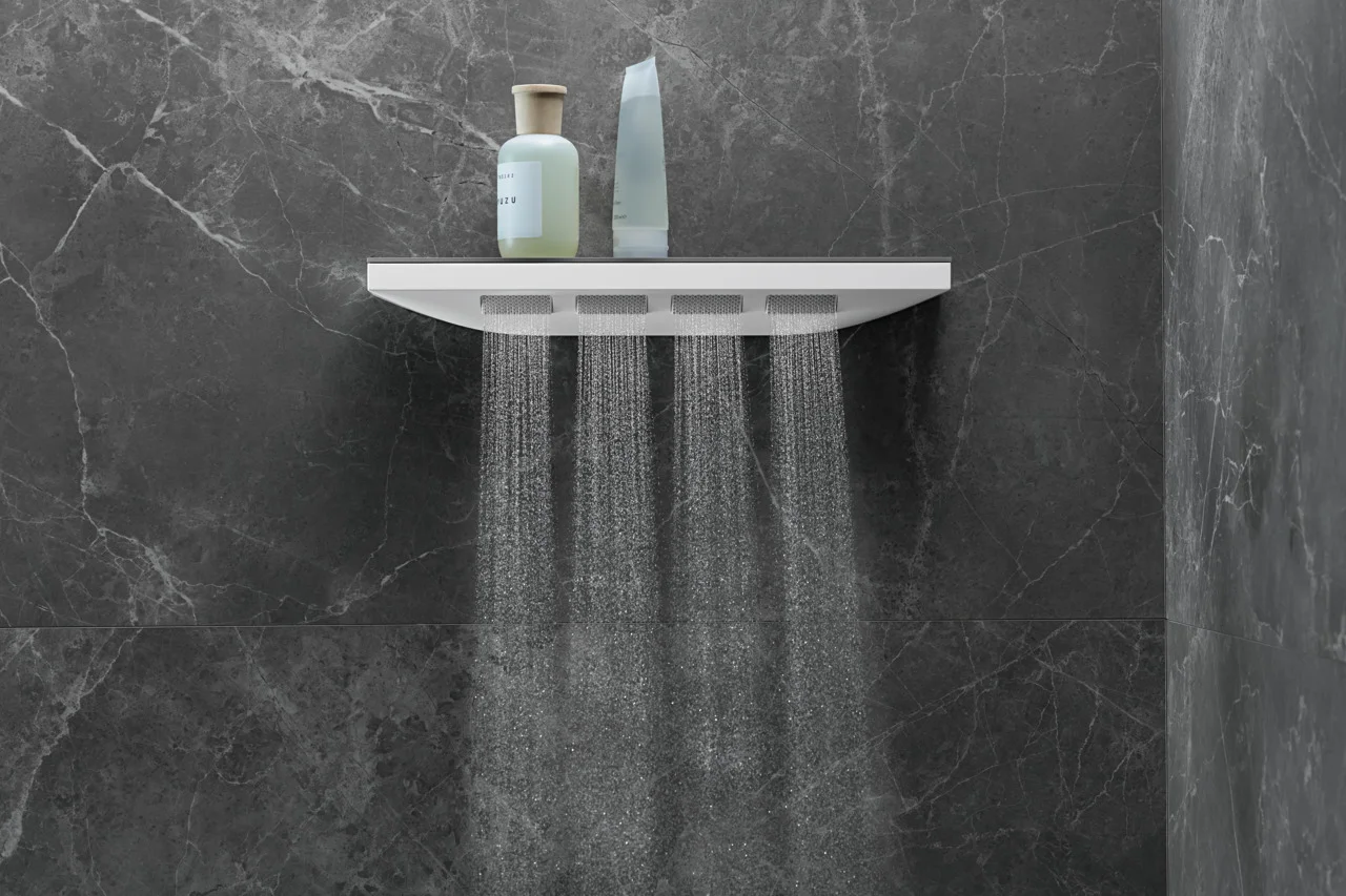 Hansgrohe Rainfinity Schulterbrause 500 1jet mit Duschablage, Chrom, 502 x 80 mm Brausekopfgröße, PowderRain Strahlart, 309 x 28 mm Strahlfläche