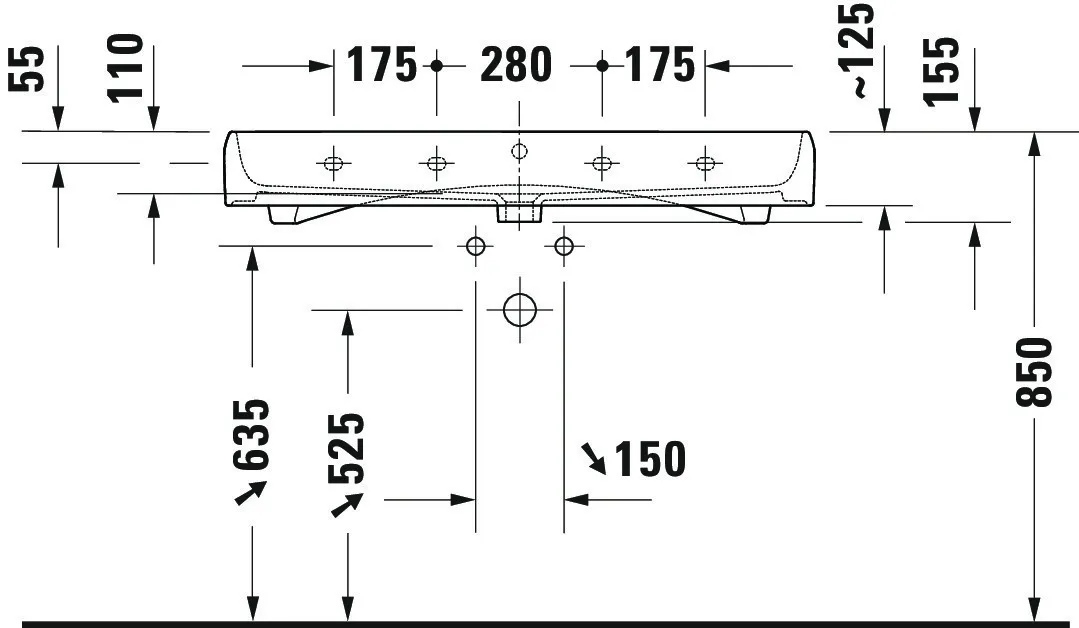 Wandwaschtisch Unterseite glasiert „Qatego“ 100 × 47 × 15 cm, Hahnlochposition mittig Wandwaschtisch Unterseite glasiert „Qatego“ 100 × 47 × 15 cm, Hahnlochposition mittig