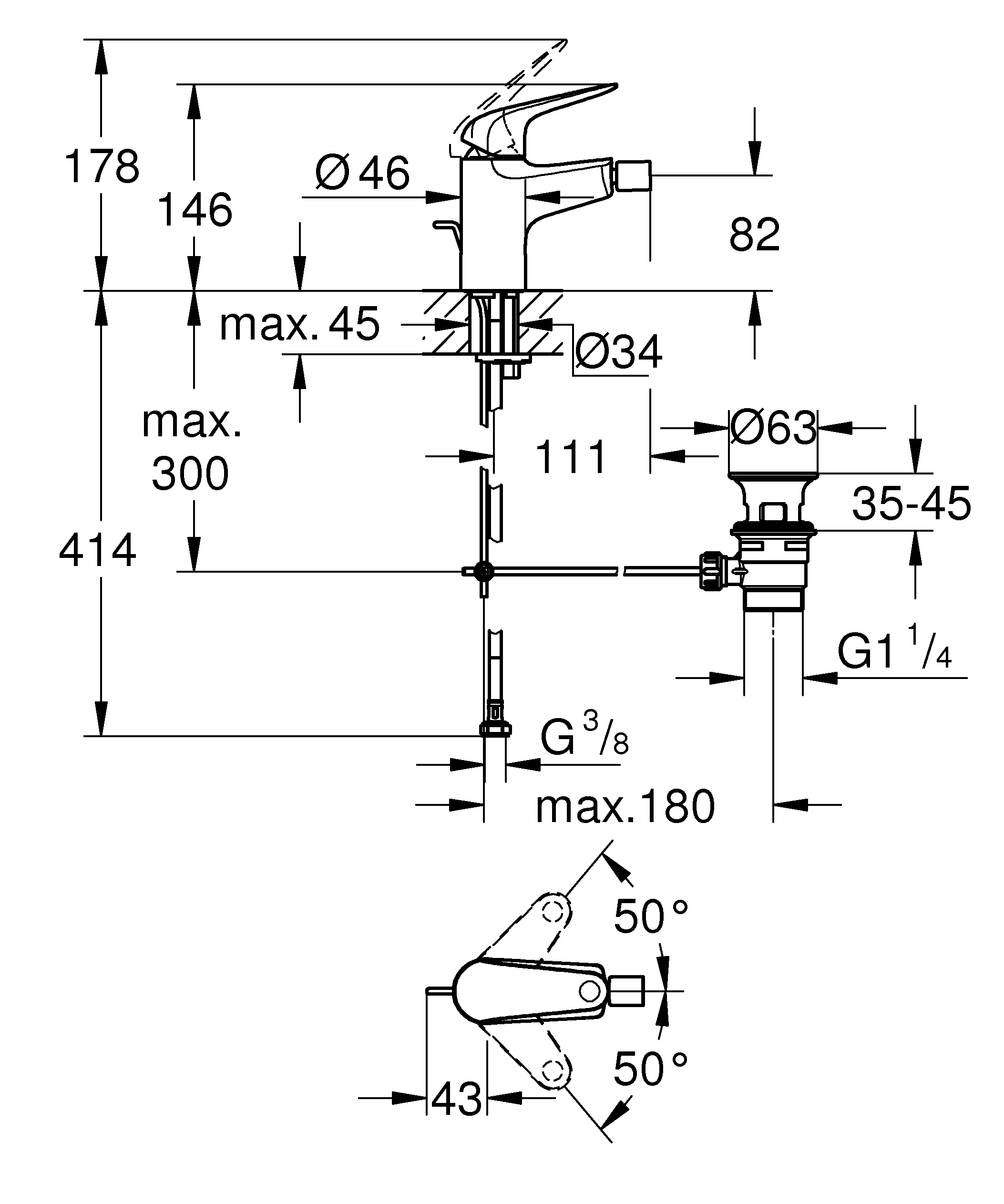 EH-Bidetbatterie Euroeco 23263_1, Einlochmontage, Zugstangen-Ablaufgarnitur aus Kunststoff, maximaler Durchfluss (bei 3 bar): 5 l/min, chrom