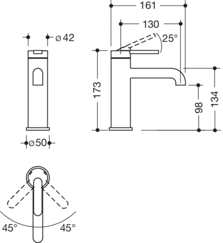 HEWI Einhebel-Waschtischmischer AQ477, System-Armaturen, pulverbeschichtet in Schwarz tiefmatt mit farbigem Griffelement Senfgelb, Höhe 172 mm, Ausladung 130 mm, Durchfluss 5 l/min, Keramikkartusche K-35OP, druckfest bis 35 bar, Geräuscharme Klasse 1