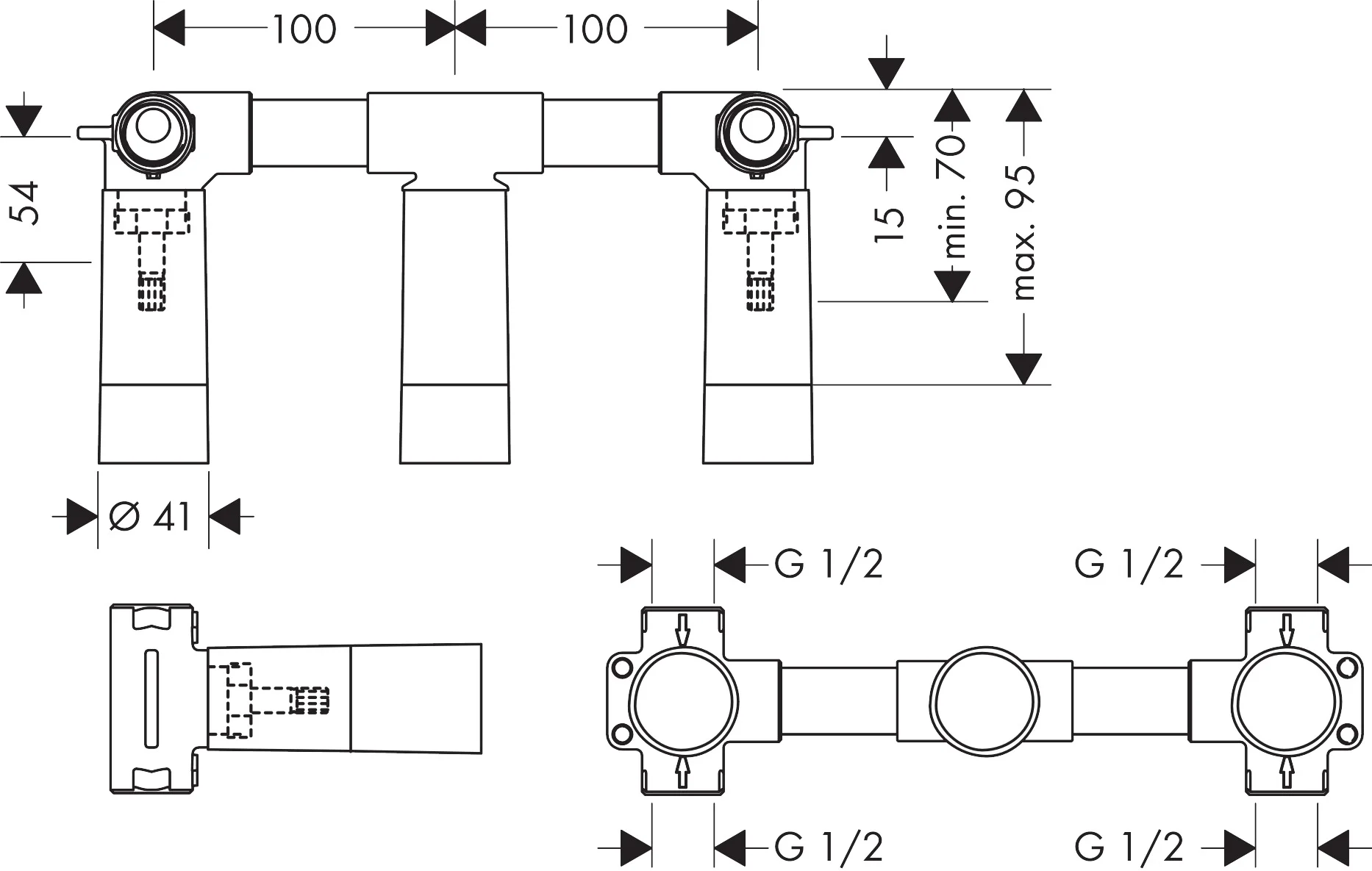 Hansgrohe AXOR 3-Loch Waschtischarmatur Grundkörper Wandversion DN15/DN20, Einbautiefe 70–95 mm