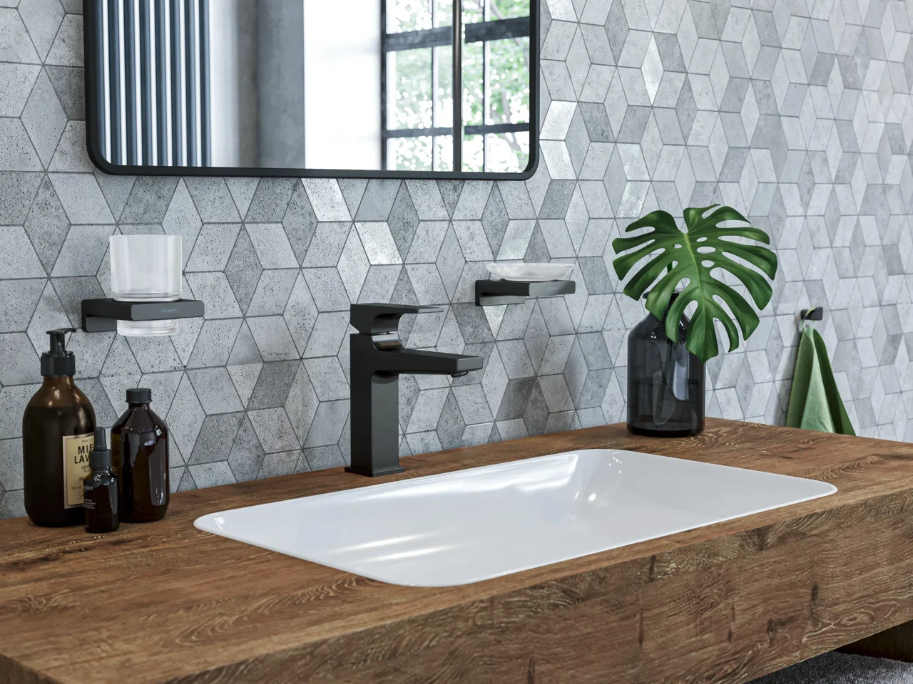 Hansgrohe AddStoris Q Zahnputzbecher Brushed Black Chrome Wandmontage Metall Mattglas Befestigungsmaterial verdeckte Befestigung Bohrabstand 26 mm Bohrloch 6 mm