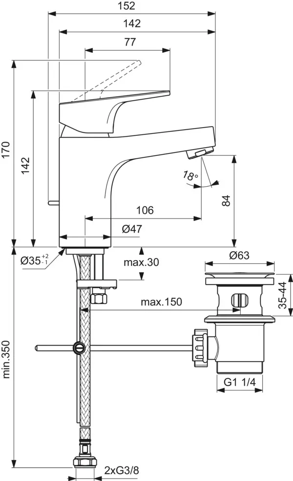 Waschtischarmatur H80 Cerabase mit Metall-Ablaufgarnitur Ausladung 106mm Chrom