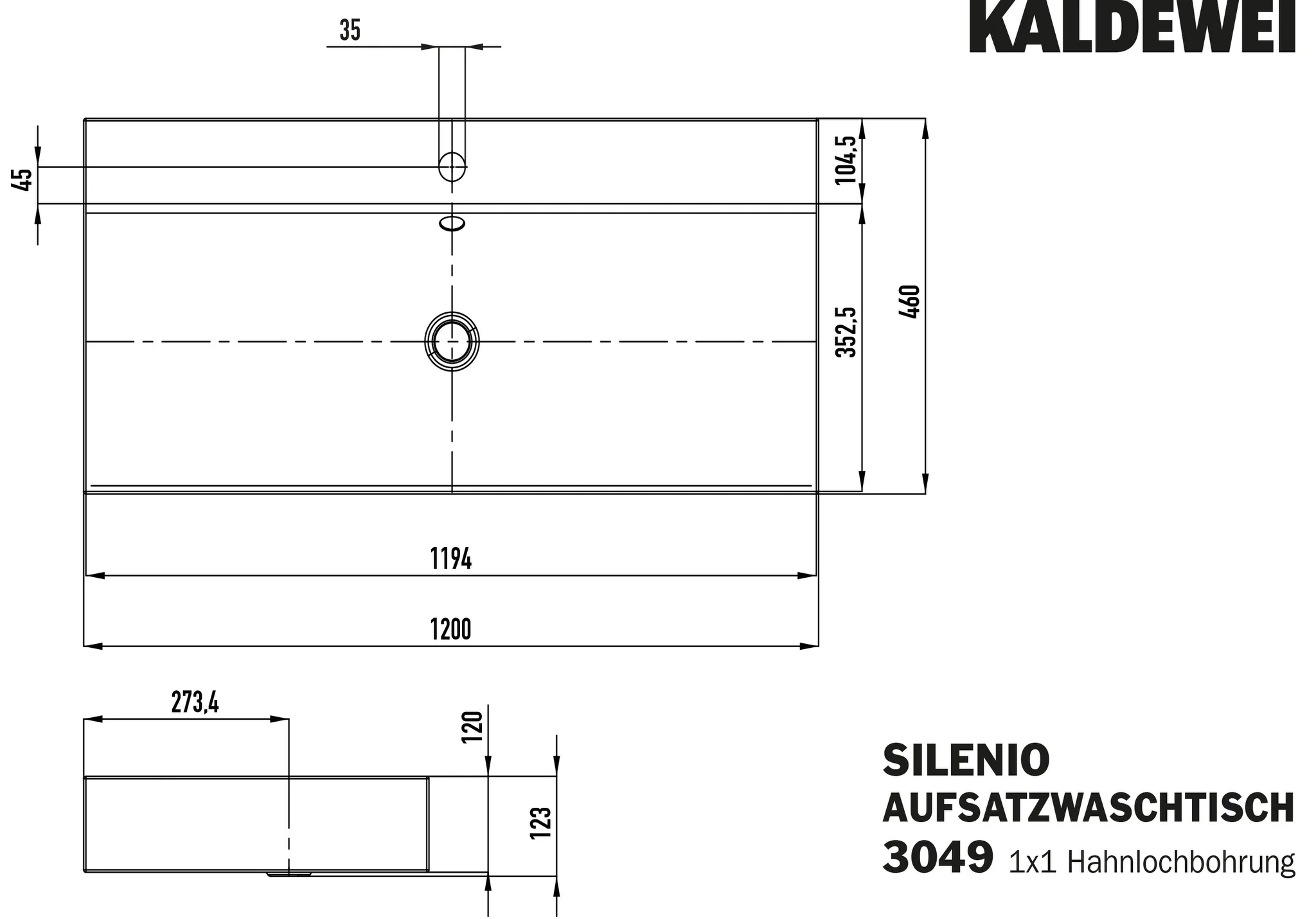 Kaldewei SILENIO Aufsatzwaschtisch, 1200x460 mm, Randhöhe 120 mm, cool grey 70, Perl-Effekt, Antidröhn, mit 1er Hahnlochbohrung, mit Überlauf, Sichtteile schwarz matt 100