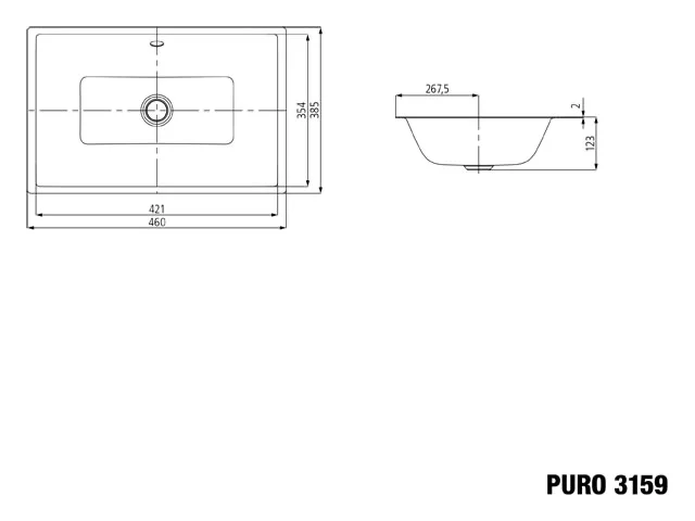 Unterbauwaschtisch „Puro“ 46 × 38,5 cm, mit Überlauf, ohne Hahnlochbohrung in schwarz matt mit Perl-Effekt