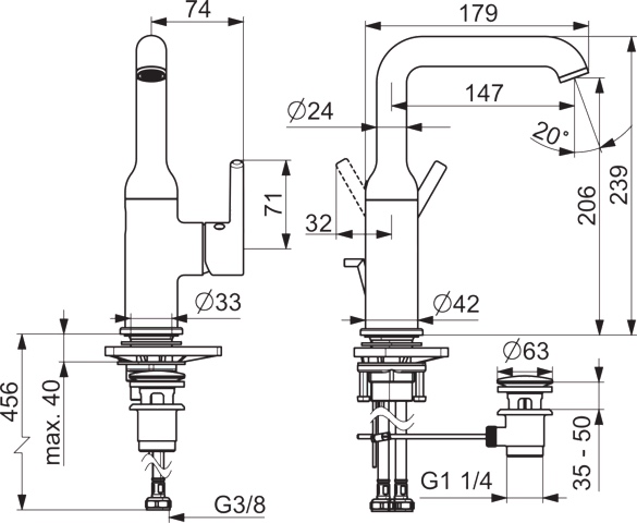 EHM Waschtischbatterie VANTIS Style 5454 Ablaufgarnitur mit Zugstange Ausladung 147 mm Chrom