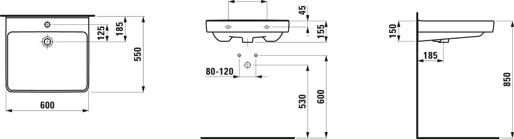 Waschtisch barrierefrei PRO LIBERTY 550x600x190 1 Hahnloch mit Überlauf weiß