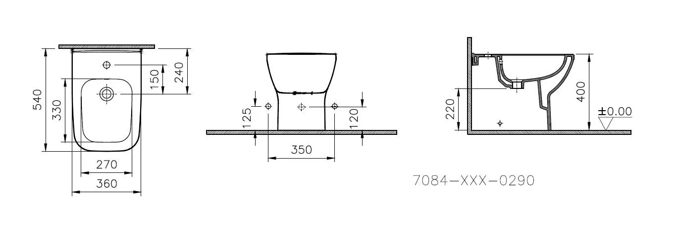 VitrA Integra Square Stand-Bidet, eckig, 540 mm Tiefe, Weiß Hochglanz