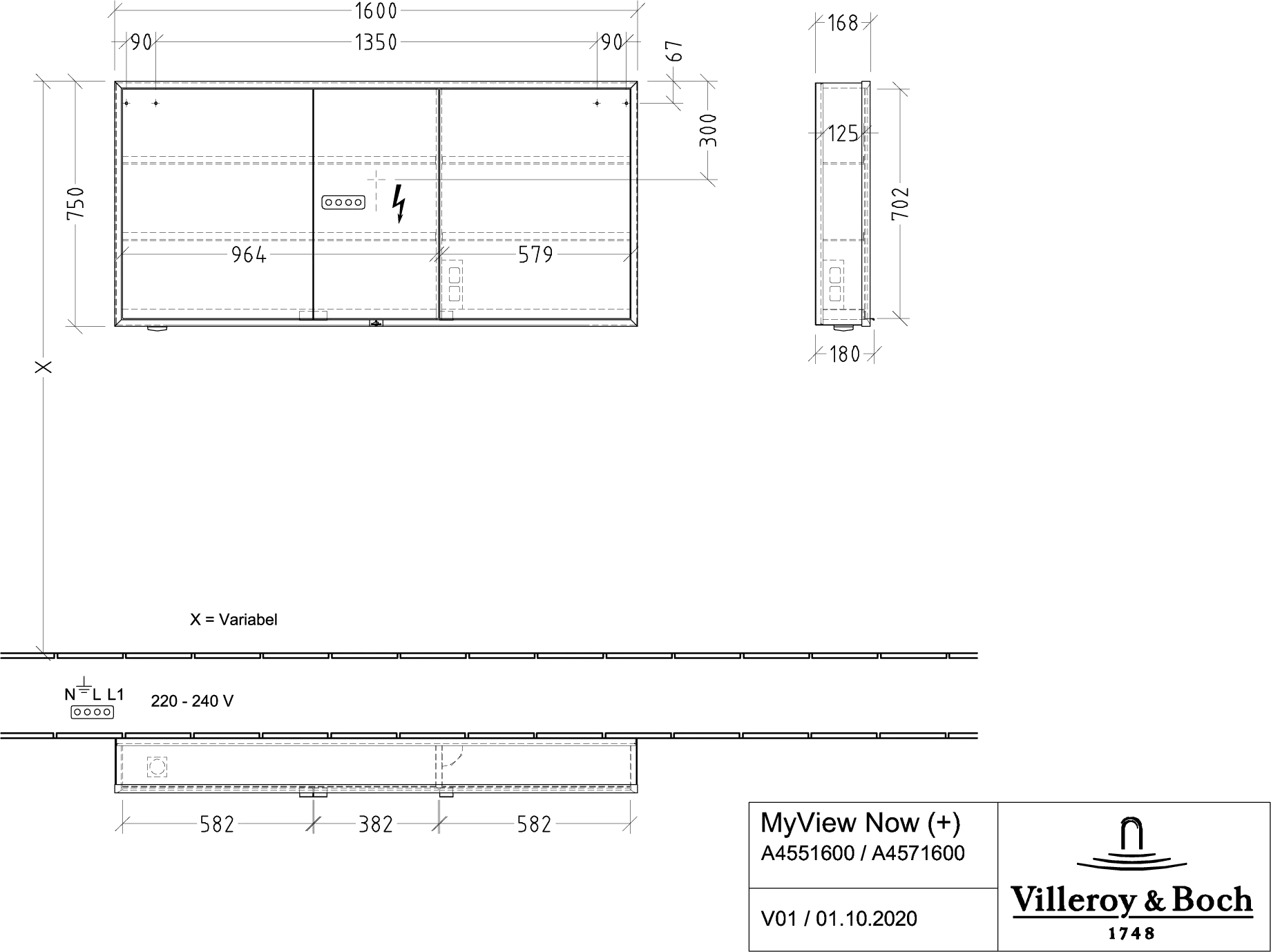 Villeroy & Boch Spiegelschrank „My View Now“ mit Sensorschalter 160 × 75 × 16,8 cm