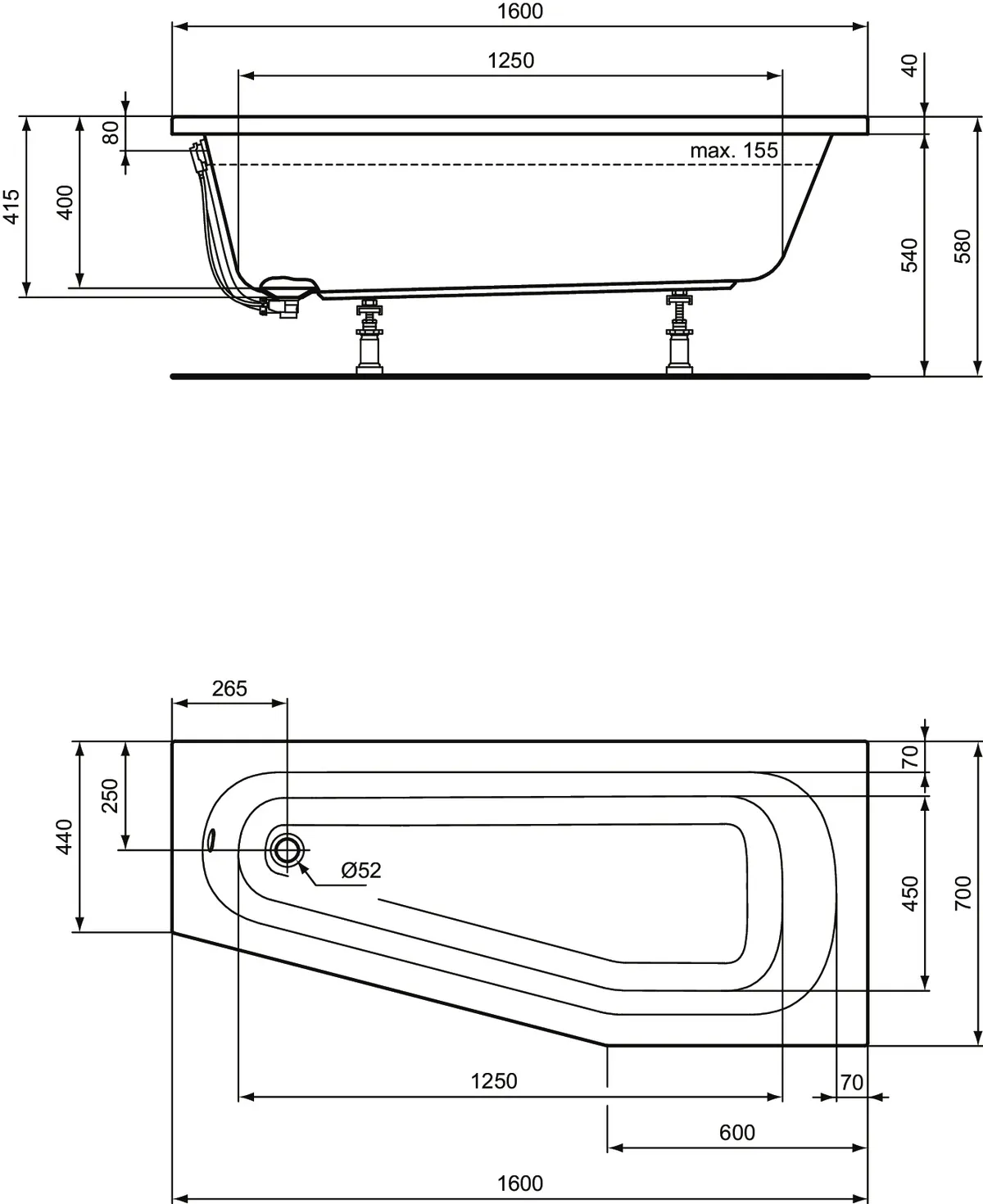 Ideal Standard Badewanne „HotlineNeu“ 70 × 160 cm