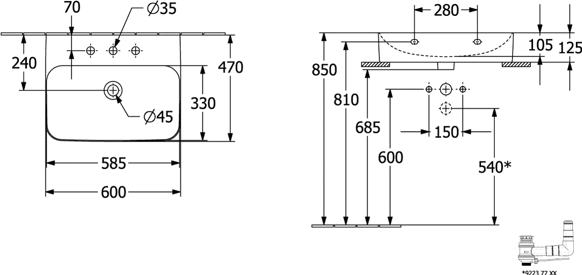 Villeroy & Boch Finion Wandwaschbecken 600x470x164 mm Pure Black CeramicPlus TitanCeram Rechteck matt mit verdecktem Überlauf ViFlow