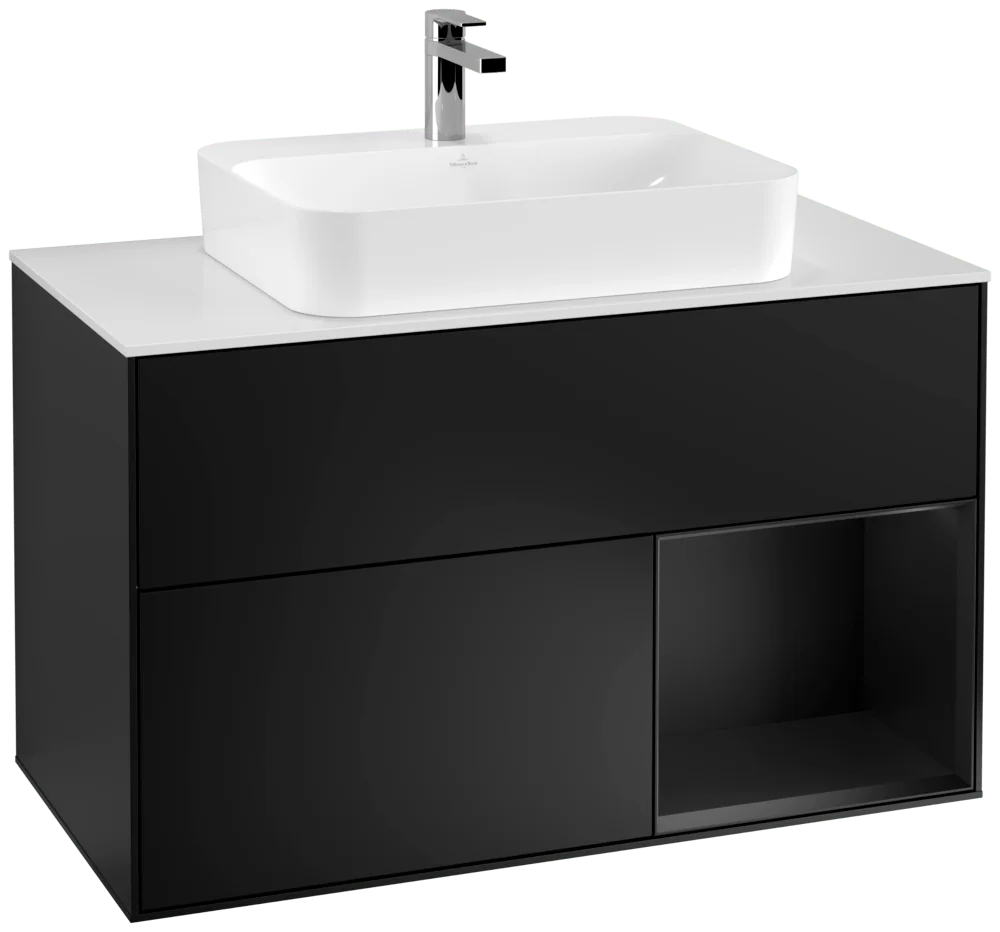 Villeroy & Boch Finion Waschbeckenunterschrank G37, 1000 x 603 x 501 mm, Black Matt Lacquer / Glass White Matt