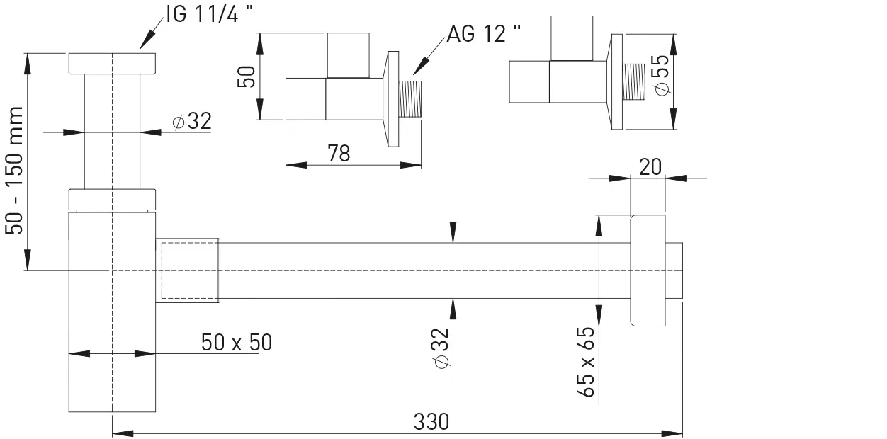 Design-Paket 1 1/4″ Messing verchromt bestehend aus: 1x (#108661) 2x (#108688)