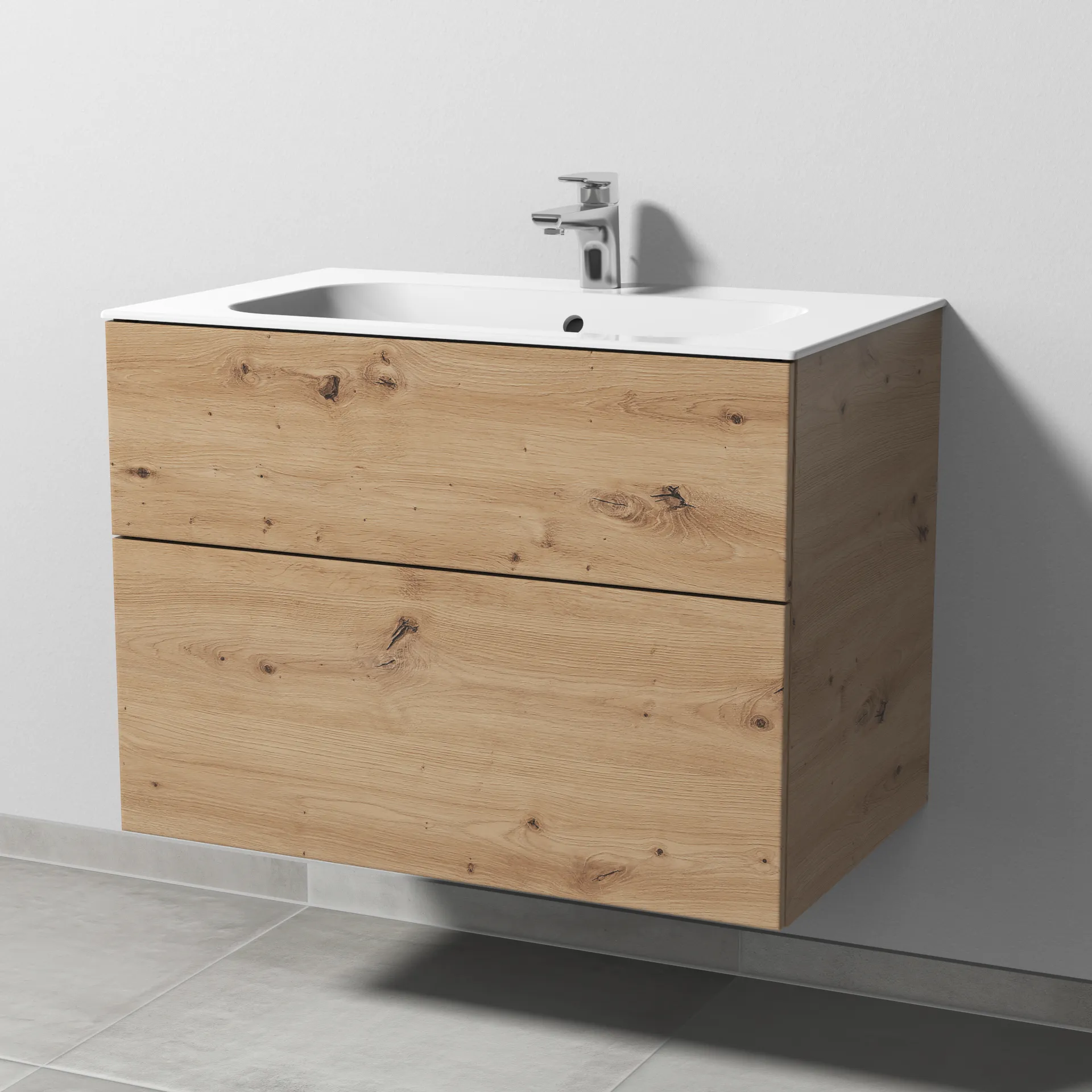Sanipa Keramik-Waschtisch-Set mit Waschtischunterschrank „3way“ 79 × 49,7 × 58,2 cm in Eiche Natural-Touch, mittig