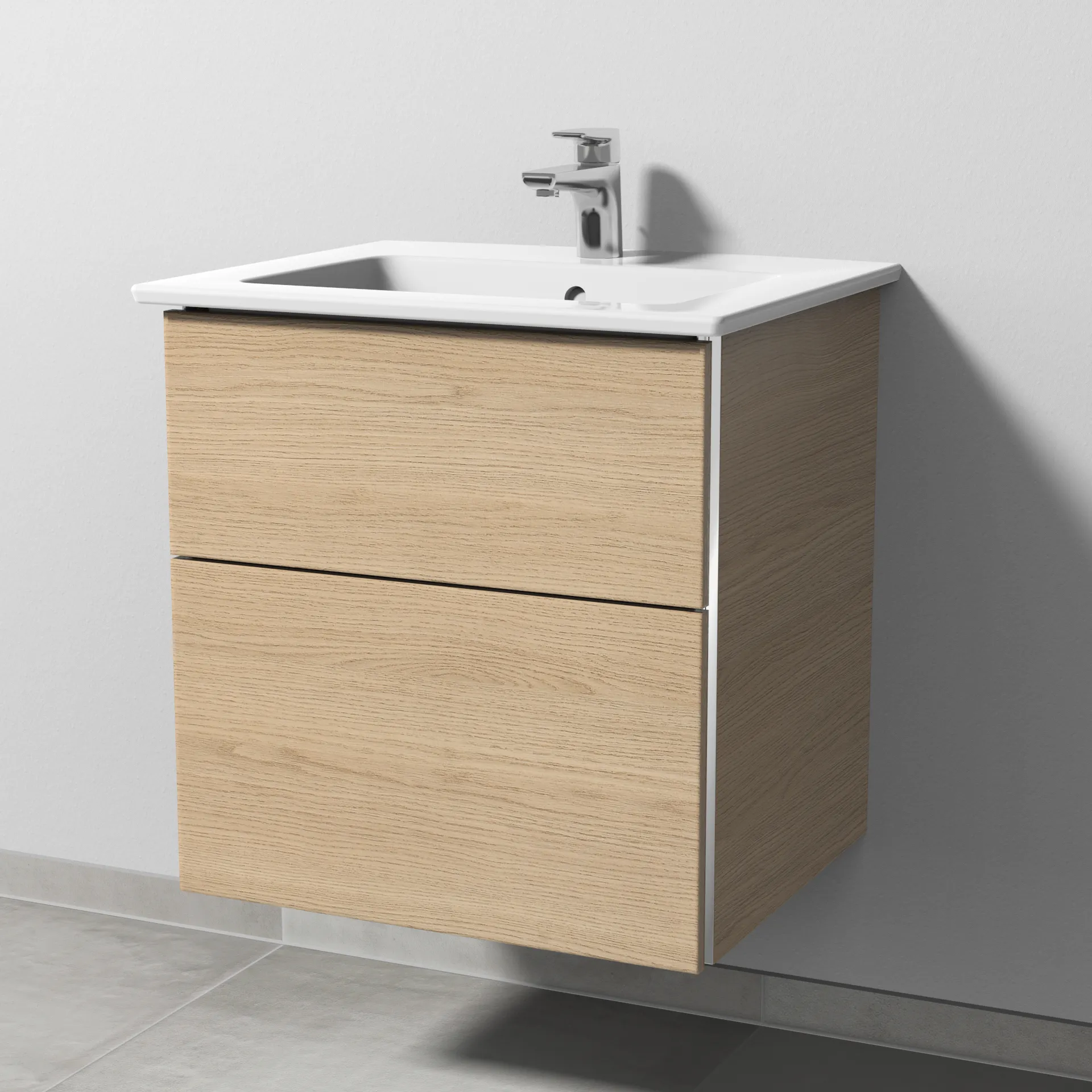 Sanipa Keramik-Waschtisch-Waschtischunterschrank mit Waschtischunterschrank „3way“ 555 × 591 × 477 mm in Eiche Nordic, mit Hahnlochbohrung, Becken