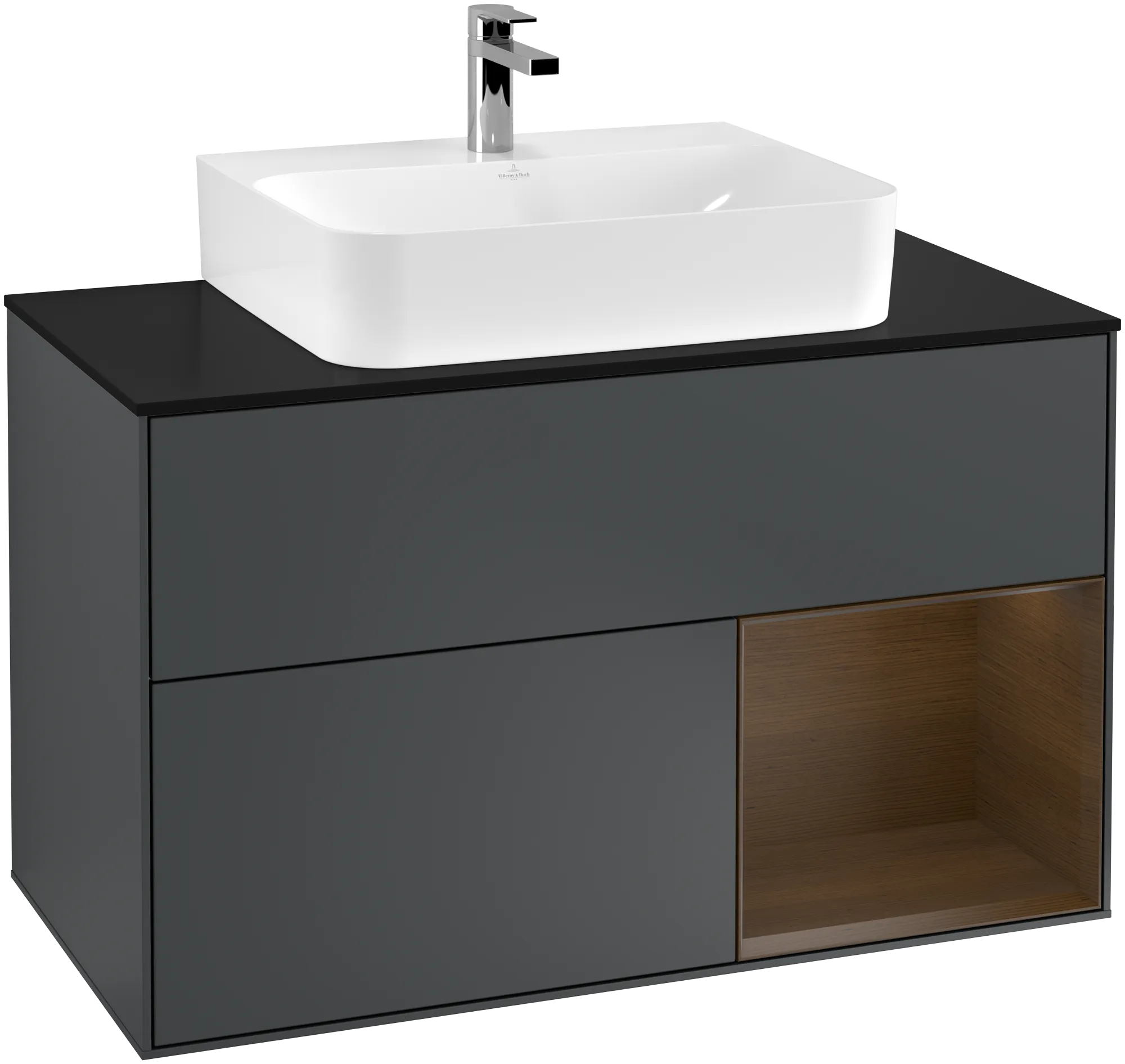 Villeroy & Boch Waschbeckenunterschrank Finion F12, Midnight Blue Matt Lacquer / Walnut Veneer / Glass Black Matt