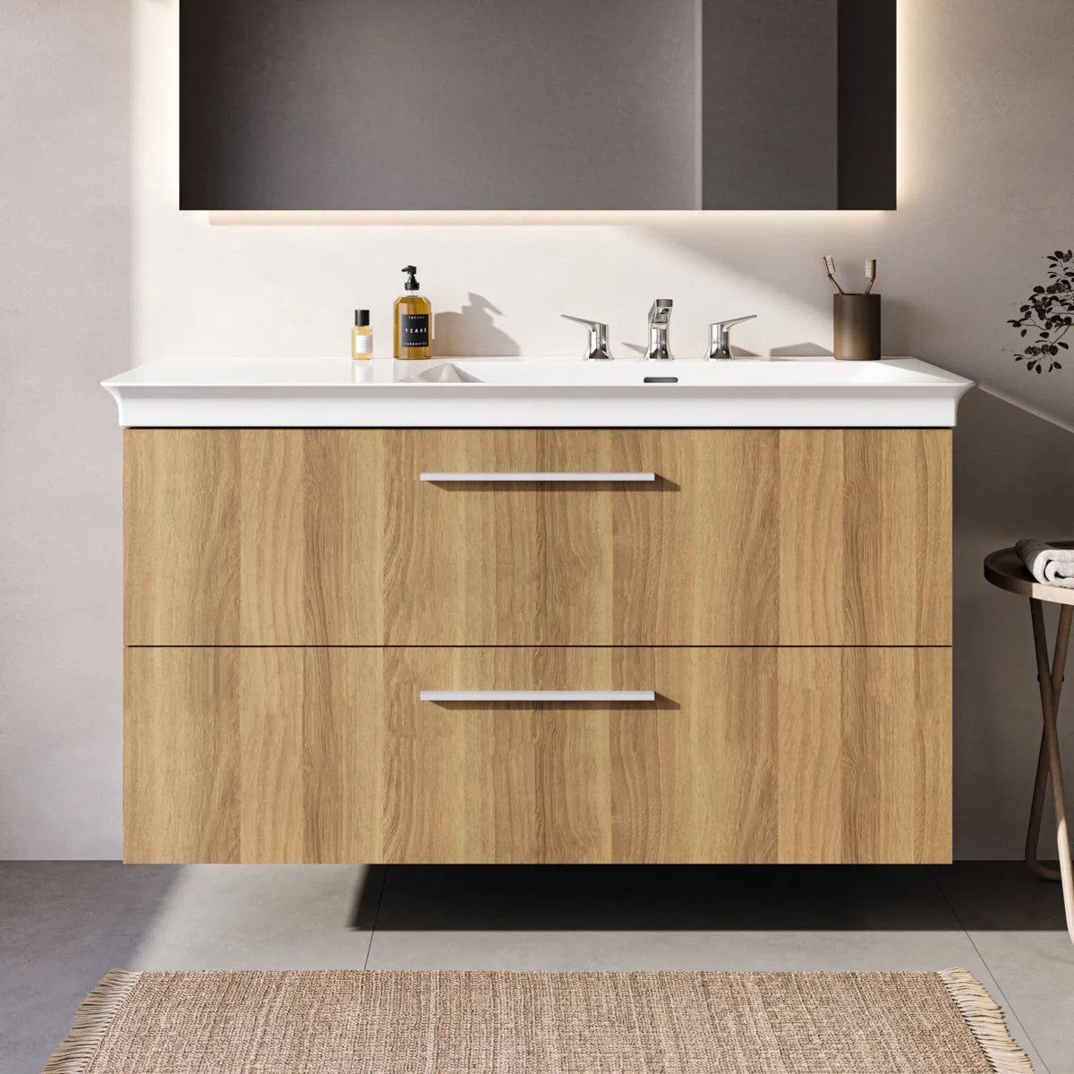Möbelwaschtischunterschrank i.life B 2 Auszüge Siphonausschnitt auf der rechten Seite 1200x505x630mm Weiß matt