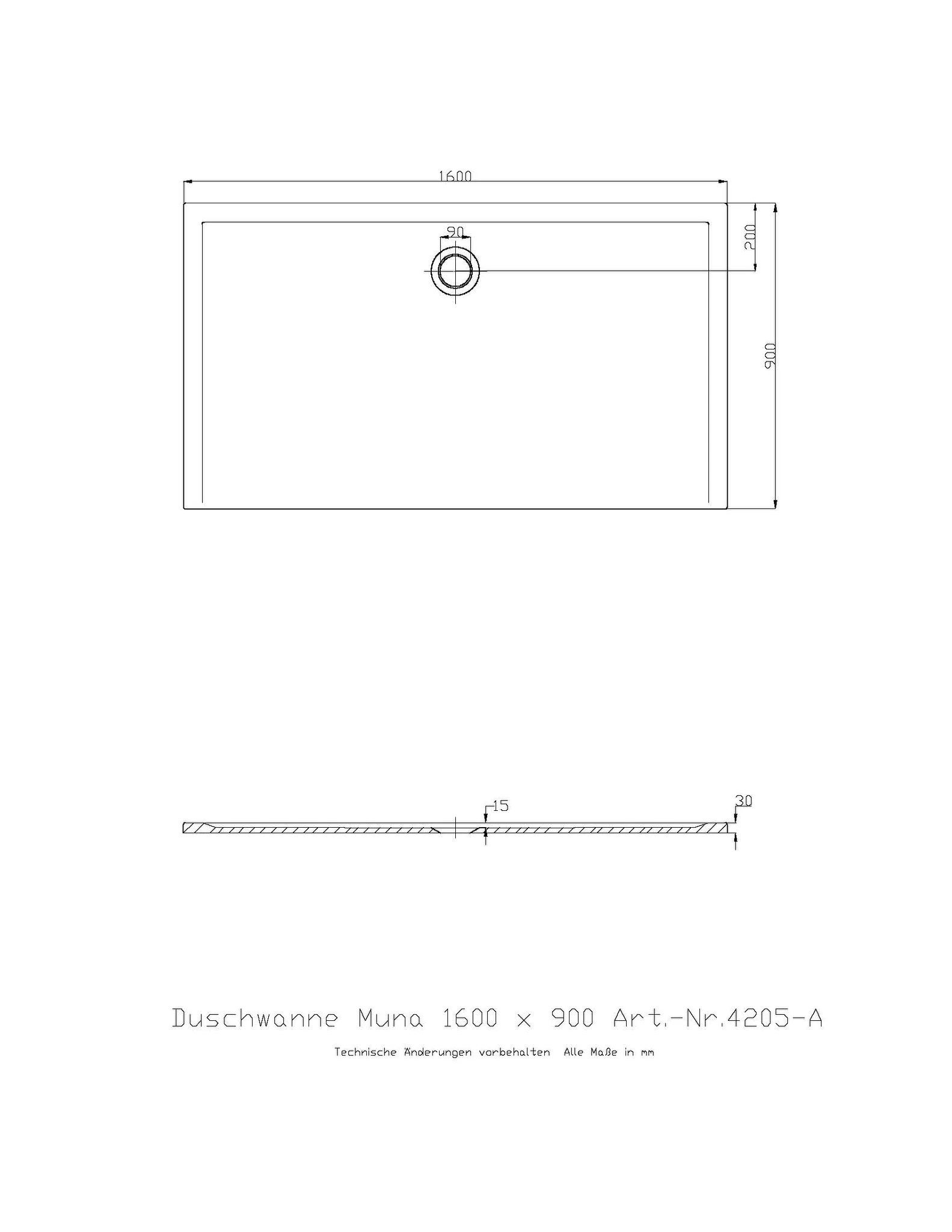 Duschwanne „Muna“ Rechteck 160 × 90 cm in Weiß Matt