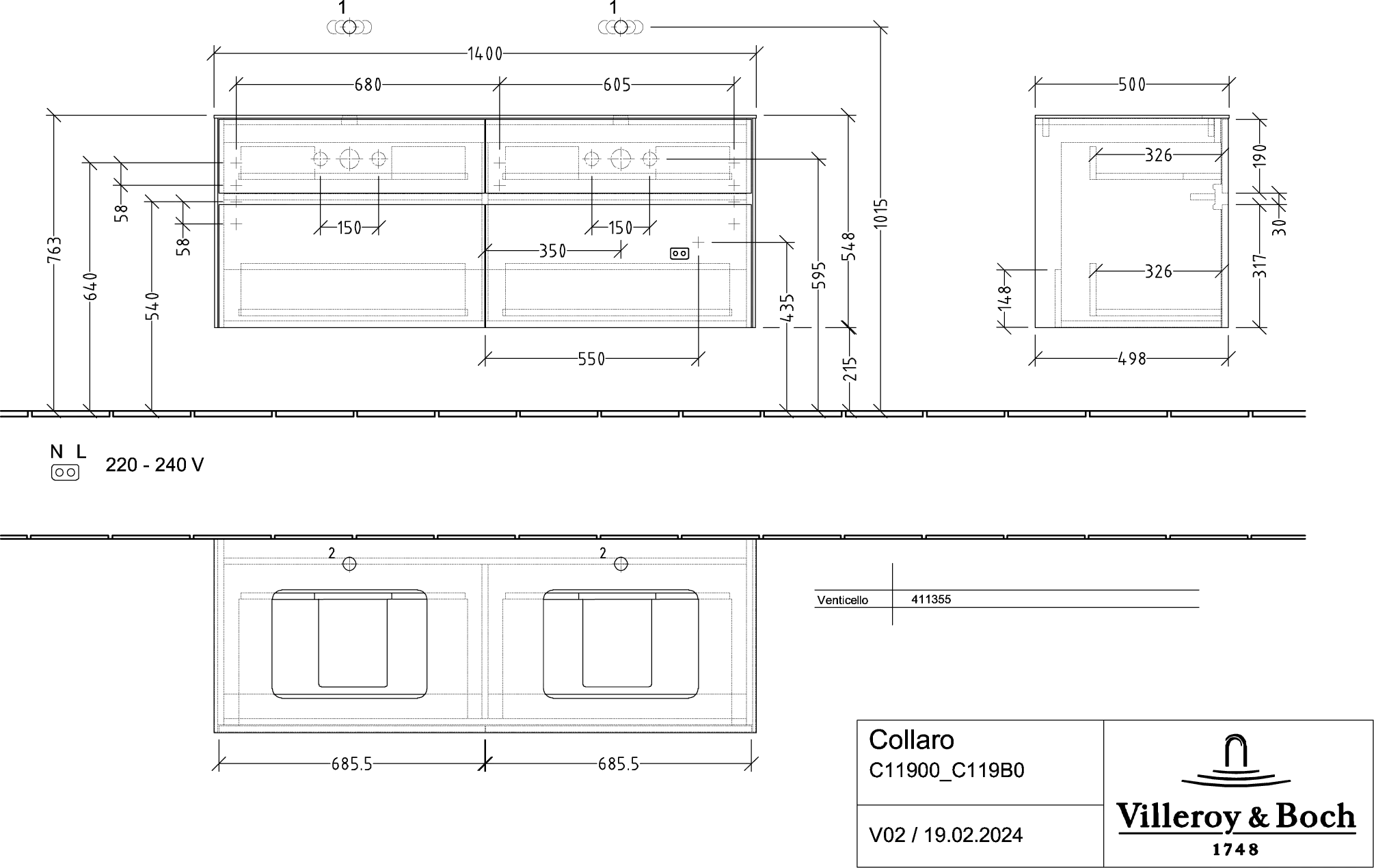 Villeroy & Boch Waschtischunterschrank „Collaro“ 1400 × 548 × 500 mm Kansas Oak, ohne Beleuchtung, für links und rechts