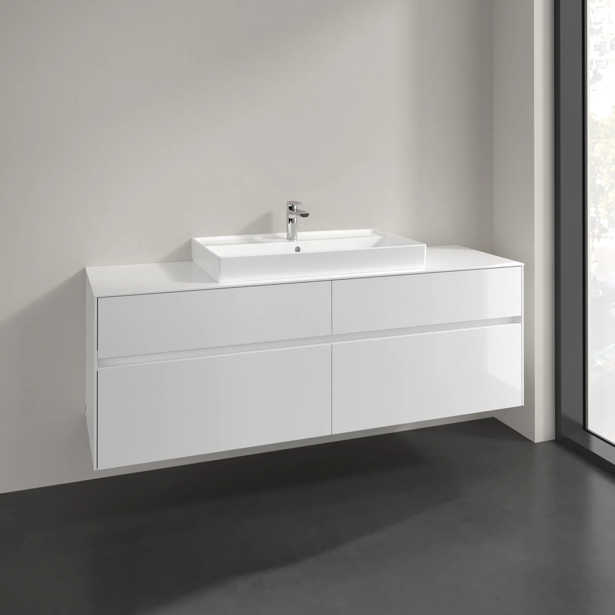 Villeroy & Boch Waschtischunterschrank „Collaro“ 1600 × 548 × 500 mm Glossy White, ohne Beleuchtung, für Becken mittig