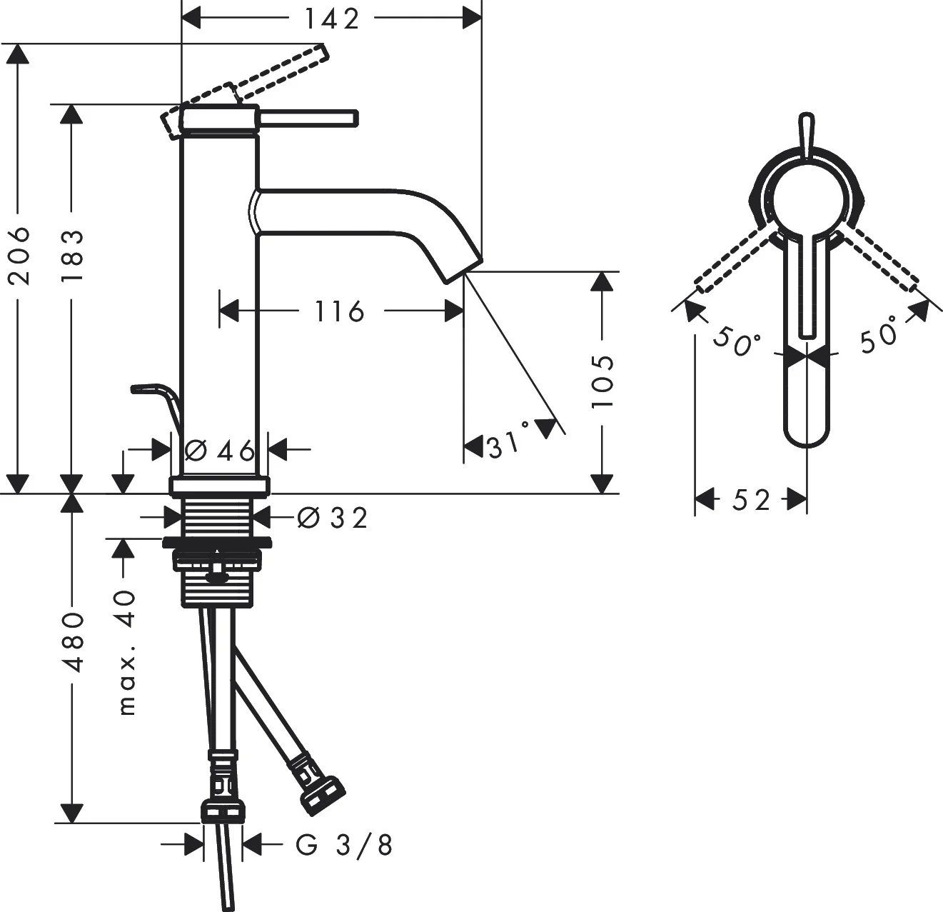 Hansgrohe Tecturis S Einhebel-Waschtischmischer chrom, Ausladung 116 mm, ComfortZone 110, max. Durchflussmenge 4 l/min