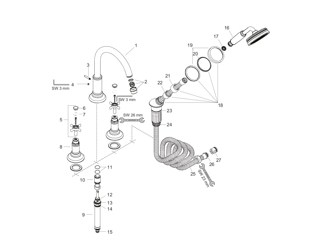 4-Loch Wannenarmatur Axor Montreux F-Set f.Wannenrand m.Kreuzgriffen chrom