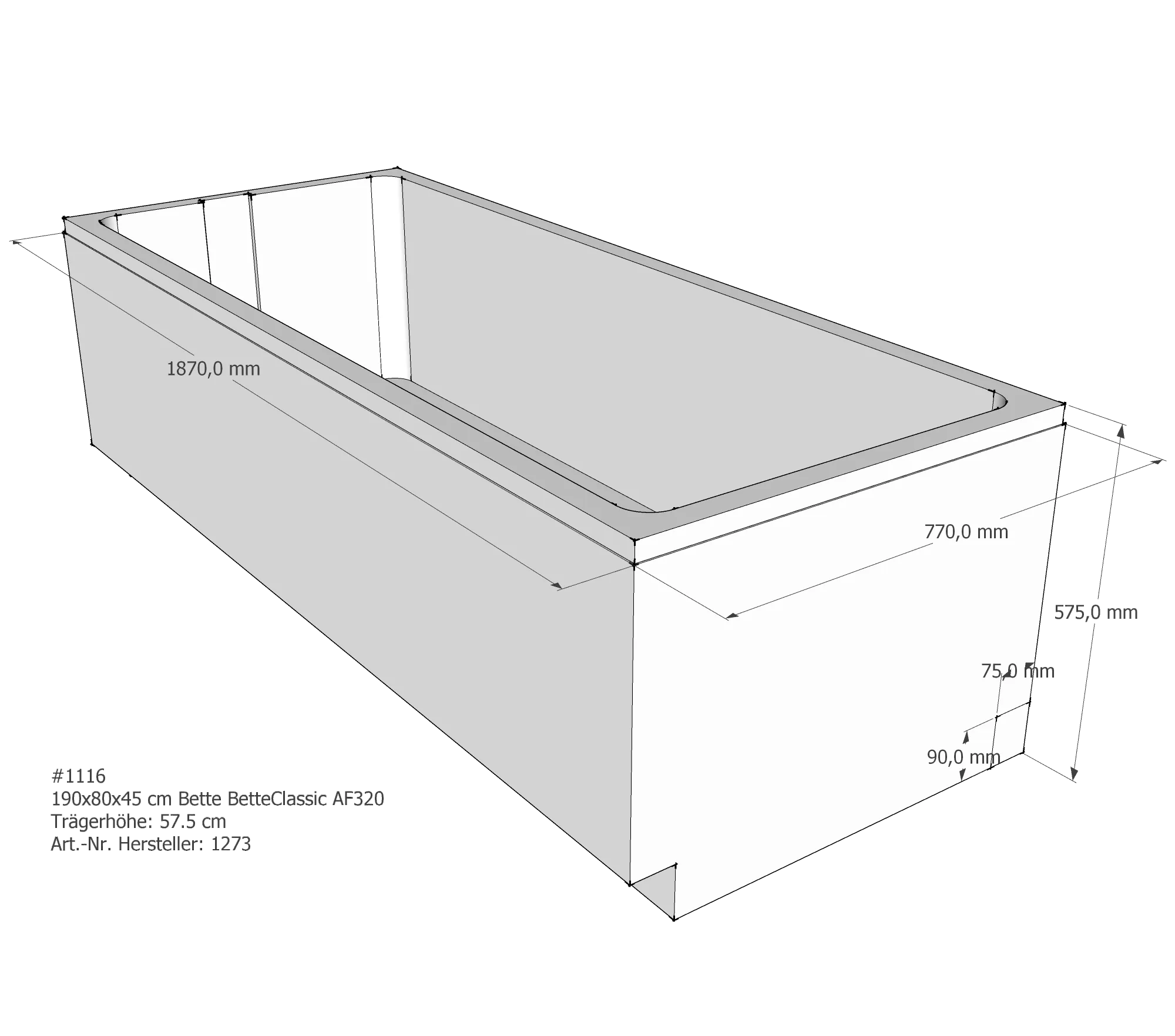 Badewannenträger für Bette Classic 190 × 80 × 45 cm Breite: 80 cm / Länge: 190 cm