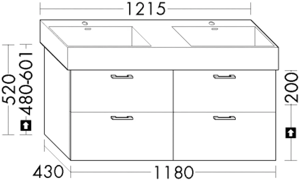 Burgbad Waschtischunterschrank Sys30, 118 cm breit, 43 cm tief, 52 cm hoch, 2 Schubladen oben, 2 Auszüge unten, für Wanneneinbaumaß 35 cm