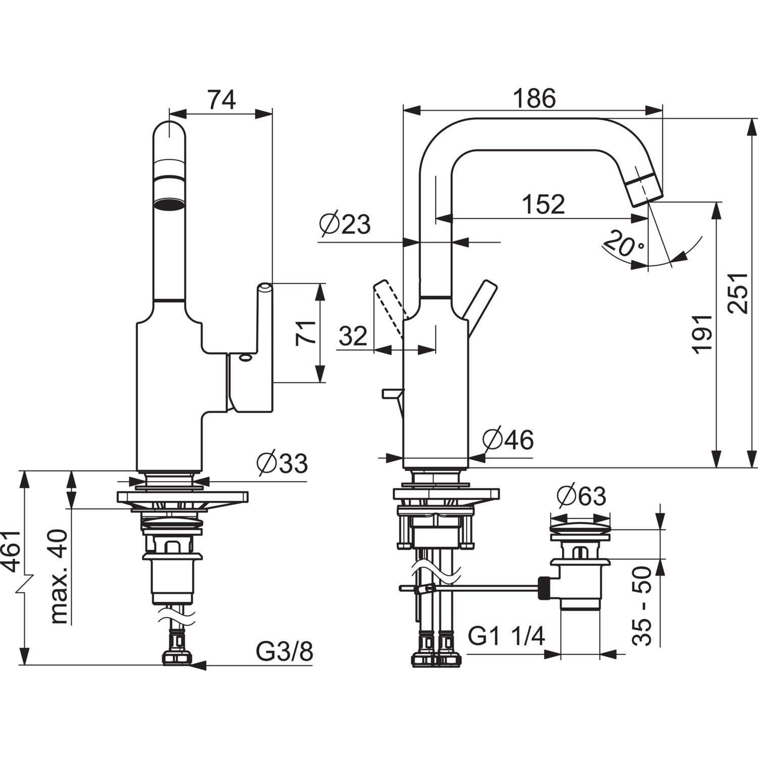 EHM Waschtischbatterie VANTIS 5254 Ablaufgarnitur mit Zugstange Ausladung 152 mm Chrom